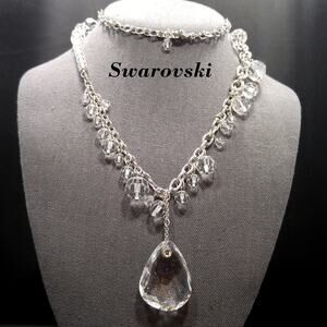 Vintage Swarovski Swan Logo Long Crystal Necklace Teardrop Pendant 1990s